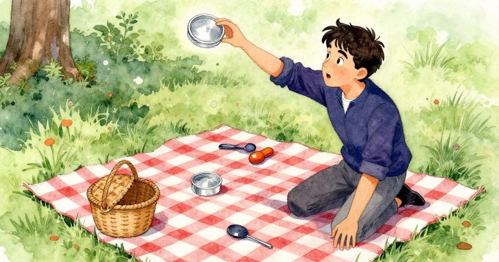 從高空俯視野餐,伊夫奮力追逐漂浮的容器蓋,風中景物動感十足,氣氛緊張刺激