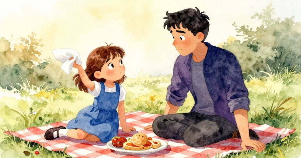 諾拉與伊夫在野餐混亂中互視堅定,輕風中紙巾飄飛,未動食物見證彼此默契與溫柔決心