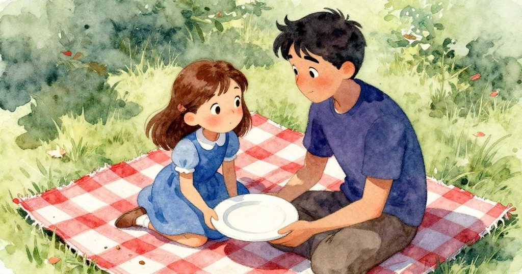 在陽光野餐布上,諾拉與伊夫共享一盤餐點,溫柔微笑中散落食屑,展現平靜又溫馨的結局