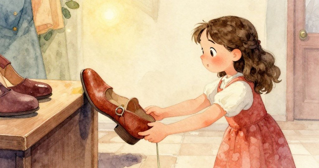 Vivian站在老舊鞋匠鋪門口窗邊，早晨柔光照耀，商店外觀溫馨宜人，充滿期待與活力。