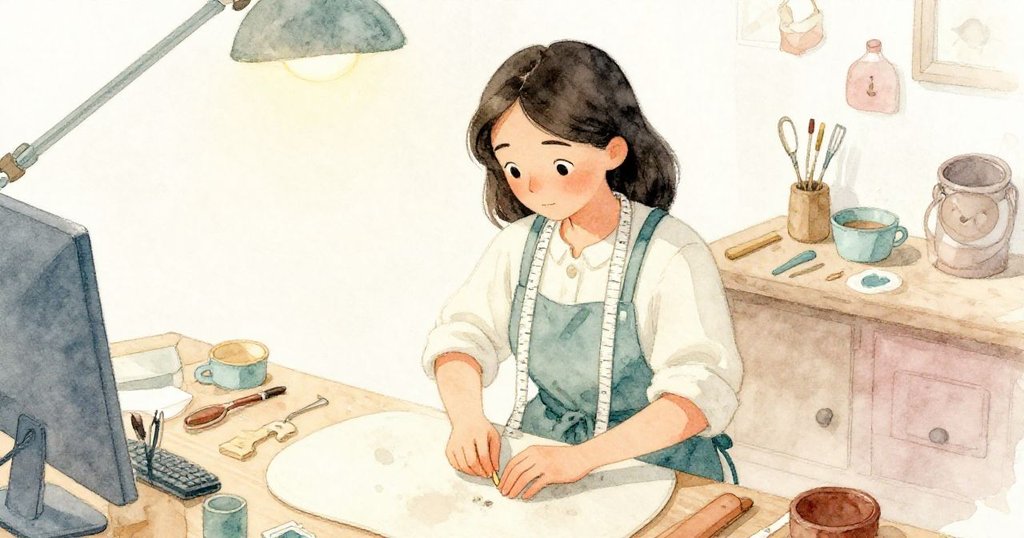 從高角度看見Vivian專心在工作臺前，脖子上掛著捲尺，她仔細檢查鞋跟，動作細膩而專注。