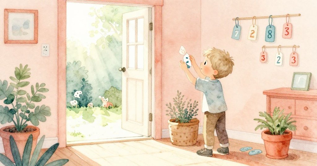 Zeke在開放的門邊戶外庭院中整理標籤，明媚光線灑在花草上，室內外交融展現活潑與自然和諧。