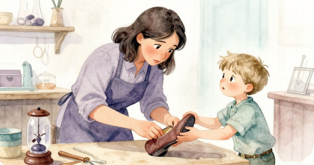 Vivian與Zeke齊心協力修理搖晃鞋跟，表情專注充滿決心，木製穿山甲紙鎮輕輕搖動見證過程。