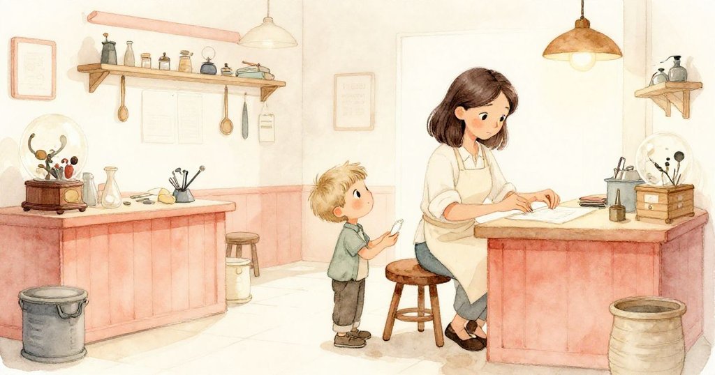 全景展示鞋匠鋪內部忙碌後的平靜，Vivian與Zeke完成工作，木製穿山甲紙鎮靜靜搖晃，象徵一天修鞋之旅最終平衡。