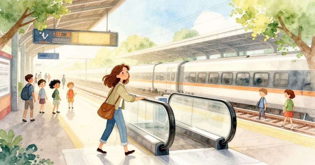 Maeve 轉身離開電扶梯，揮舞著肩背包趕向檢票門，車站燦爛晨光中洋溢決心與活力。