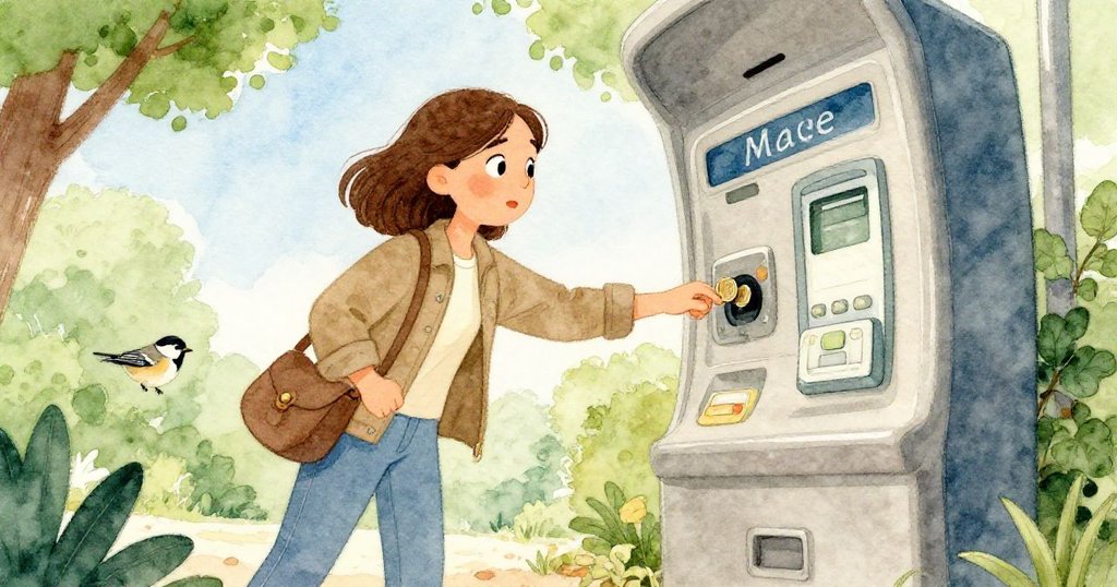 從小麻雀視角看，Maeve 緊張地將硬幣投入售票機，她的神情專注，背景透出窗外綠意。