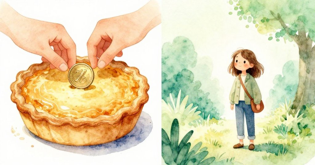 Maeve 拆開午餐袋，從奶酥中取出隱藏著的硬幣，一邊回憶著清晨細膩的準備，畫面夢幻溫暖。