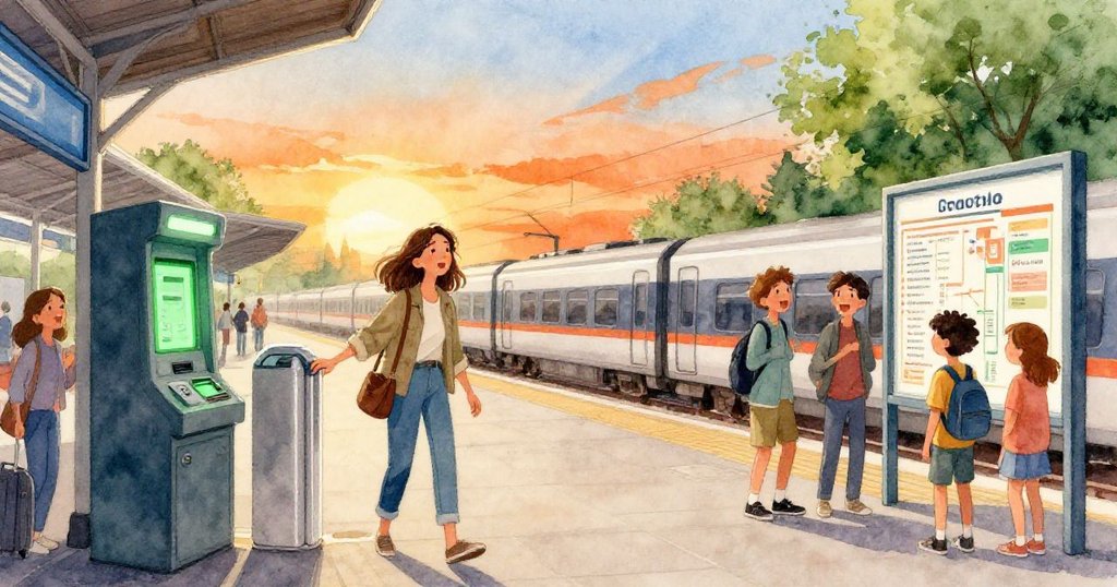 Maeve 通過綠燈閘門，身後青少年圍繞著檢票區快樂嬉笑，車站內洋溢著夕陽般溫暖與活力。