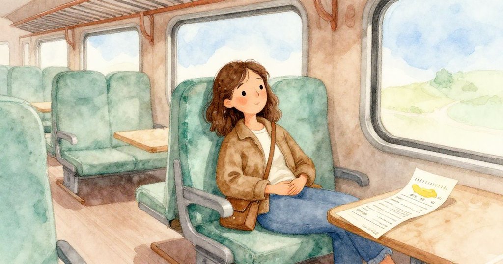 Maeve 坐在火車車廂中安然休息，臉上流露出釋然微笑，旁邊放著印有奶油痕跡的收據，營造溫馨寧靜氣氛。