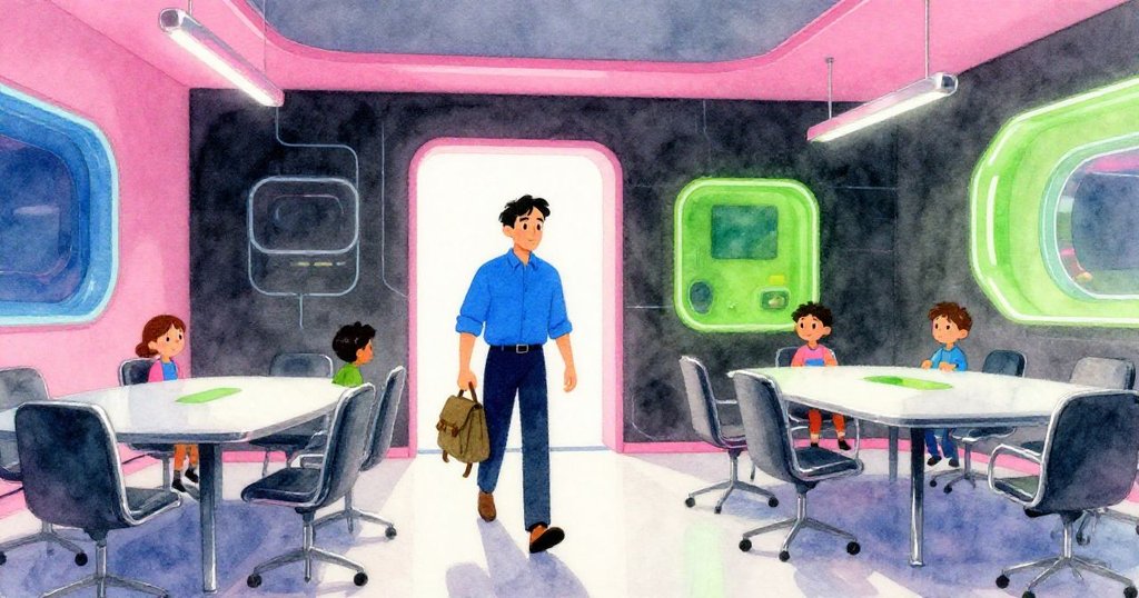 弗雷澤走進現代會議室, 手提粗帆布背包, 房間滿佈電藍及霓虹粉光線, 表情堅定期待, 整體充滿現代感