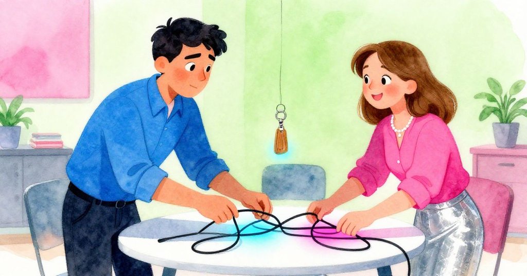 弗雷澤與珮珮齊心協力解開桌上纏繞電纜, 桌面雜亂卻充滿霓虹明亮細節, 木製鑰匙扣隨節奏輕輕搖晃, 兩人表情專注