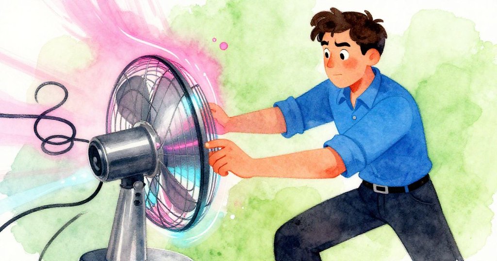 弗雷澤全神貫注調整投影機對焦輪, 手指緊握中感受急促節奏, 纏繞電纜與嗡嗡風扇激發動感