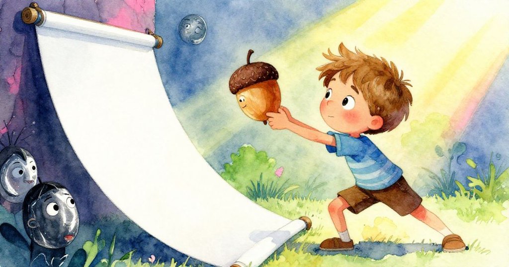 奧托在室內窗邊使用棍子操作橡果木偶，傾斜視角呈現光影交錯，神情專注展現冒險開端。