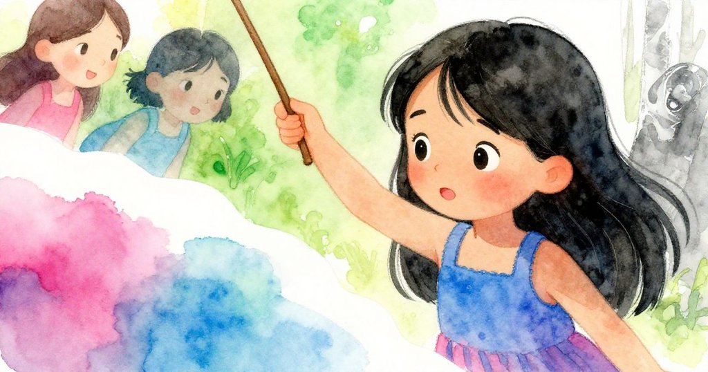 瑞恩在室內靠近白布邊緣舉起棍子，臉上充滿期待與專注，細膩光影呈現情緒發展。