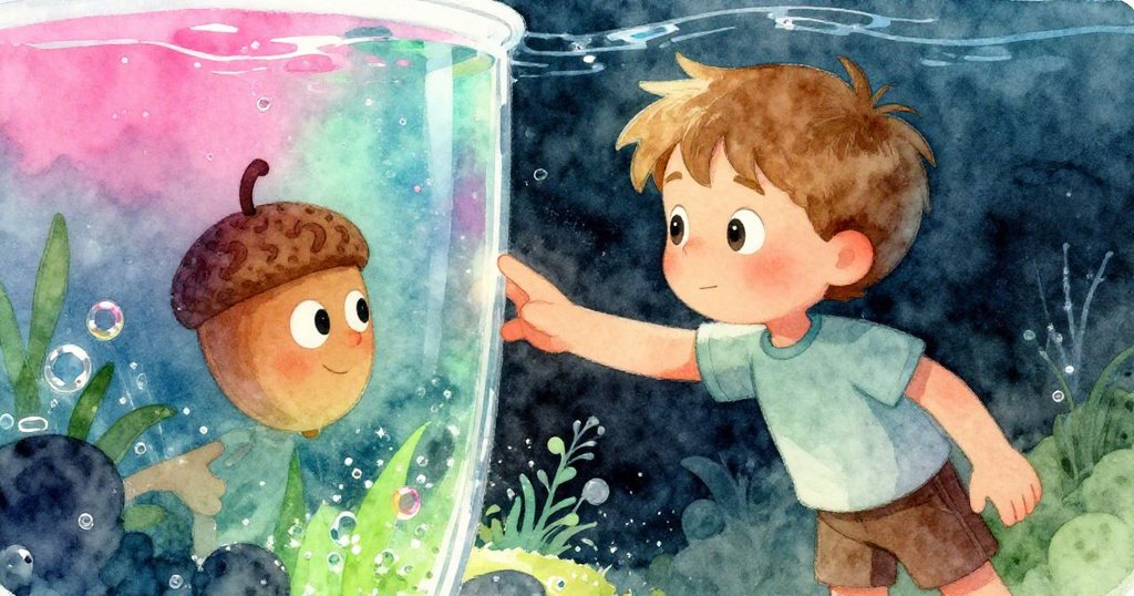 奧托伸手觸摸溫暖玻璃上稍變形的橡果木偶，水下朦朧光影營造夢幻感，情節達到轉折高潮。