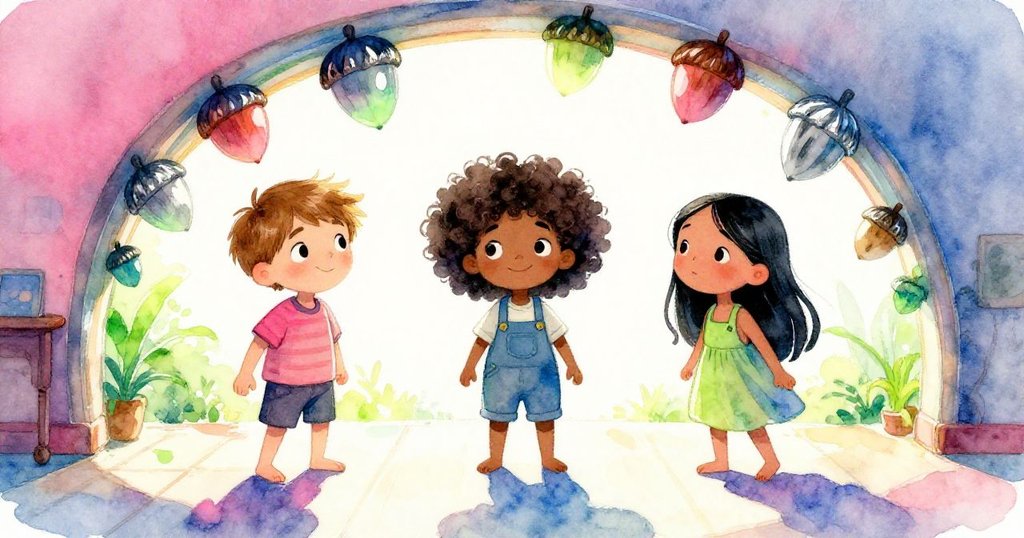 奧托、瑞恩和科拉在室內映著明亮陽光歡慶成功，白布上完整橡果影子形成弧線，情緒高昂並充滿喜悅。