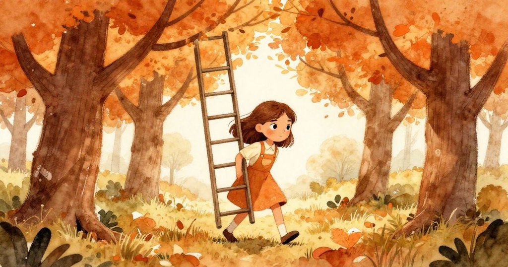 Willa走進金光閃閃的果園入口,舉著梯子展現決心,周圍樹木交織構成拱門,充滿溫暖的自然氣息