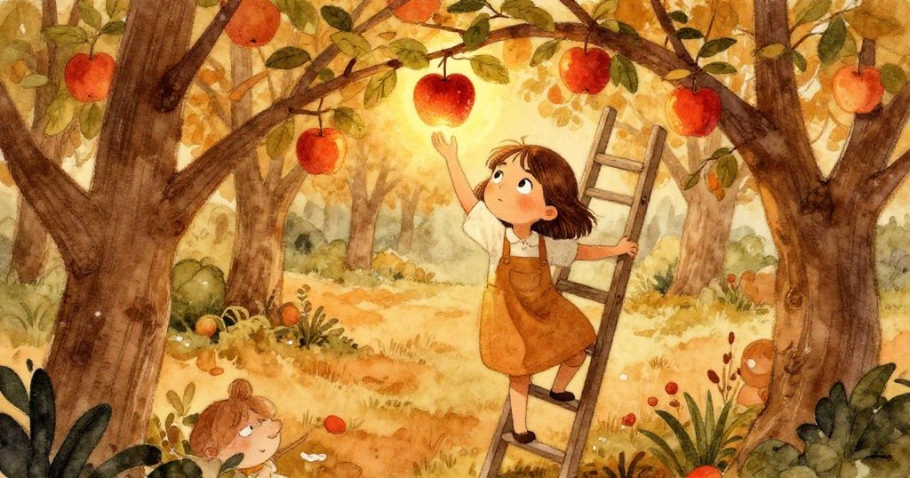 從高處俯視Willa爬梯摘蘋果,她臉上流露堅毅與脆弱,背景果樹繁茂,充滿溫暖色調