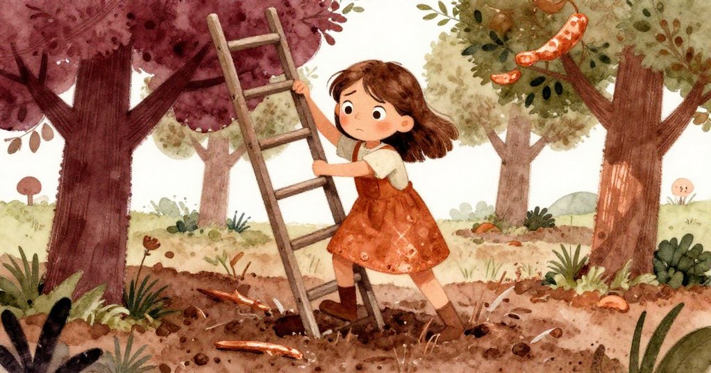 Willa在泥濘中努力穩住傾斜的梯子,腳踝扭曲流露出挫折感,強烈光影映襯出掙扎瞬間