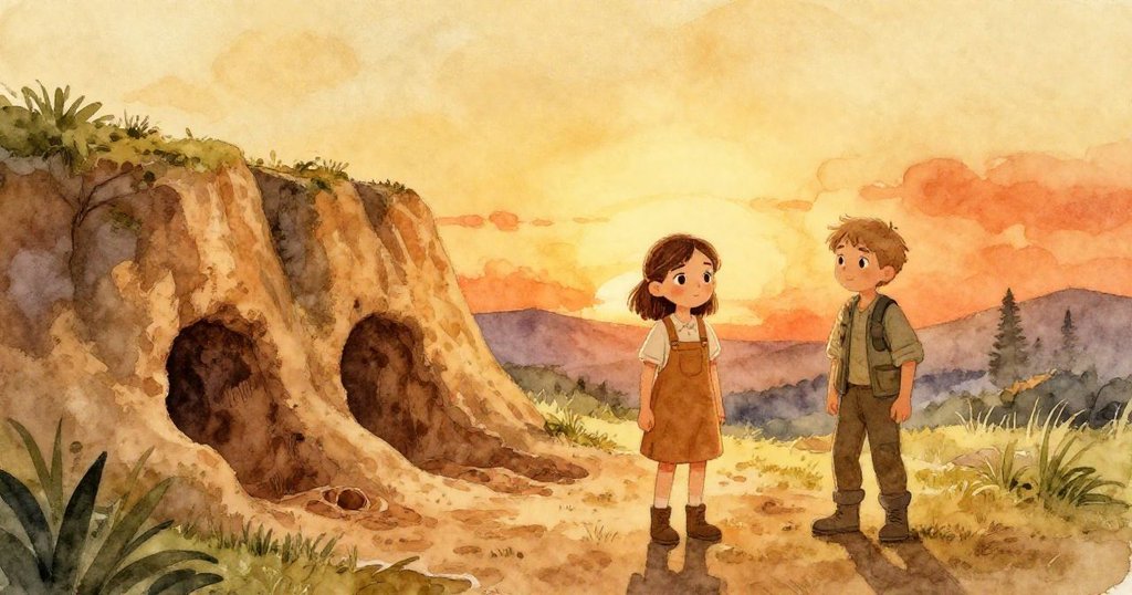 在夕陽下,Willa與Zeke並肩站在玄武岩旁,泥中雙孔象徵共同努力與勝利,環境寧靜中透出深深故事感