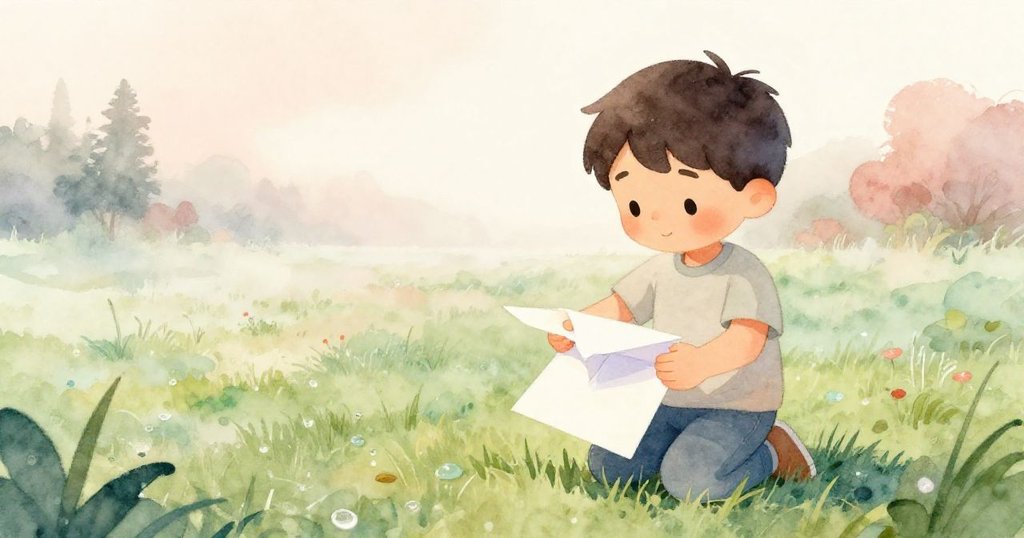 Sam在晨霧中於綠野上摺紙飛機，神情專注，背景光線柔和，展現故事開頭的準備情景。