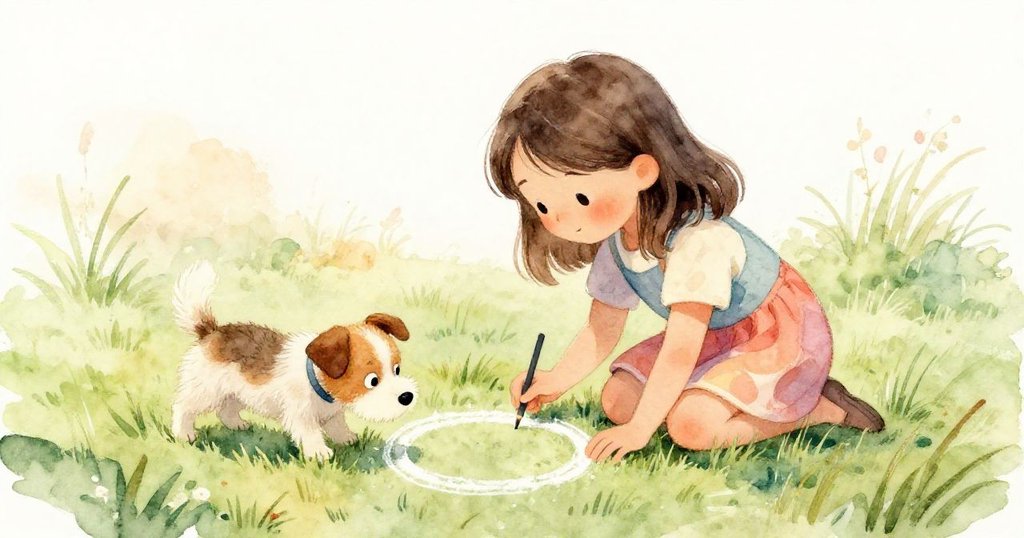 Nora在草地上用粉筆劃圈，Terrier好奇嗅聞周圍，兩人互動生動，背景充滿自然陽光。