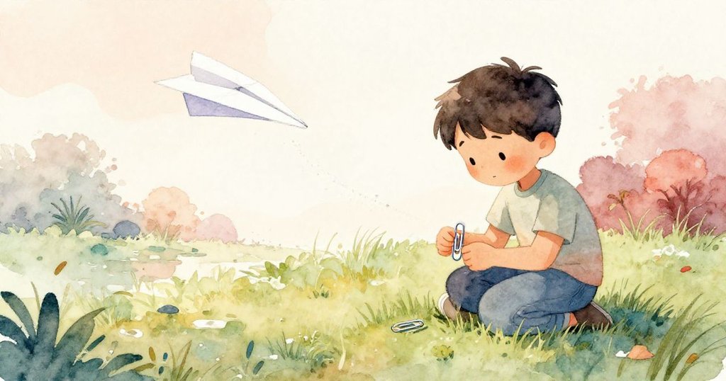 Sam彎腰檢查落在濕草上的小回形針，紙飛機鼻端沾有粉筆痕跡，展示失誤後的思考瞬間。