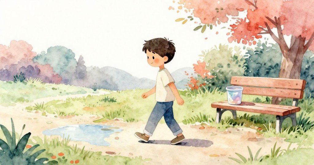 Sam沿著下坡路走過水坑、平坦草地和長椅，尋找散落的工具，展現取回紙飛機的旅程。