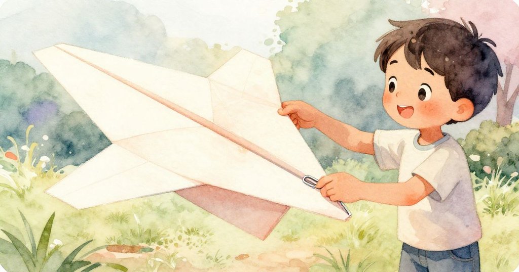 Sam近距離調整紙飛機尾部的回形針，溫暖金屬反光明顯，神情專注且充滿解決問題的決心。