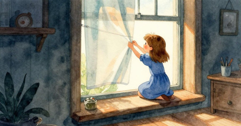 Vera在溫暖陽光照射的窗臺上認真調整剪影布,木質光滑,光影交錯充滿驚奇與期盼。