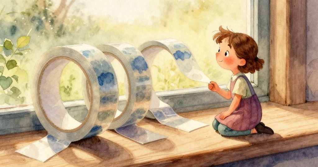 Vera的雙手細緻觸摸著略粗糙的布料和透明膠帶,光線柔和突出細節,流露出專注與溫柔。