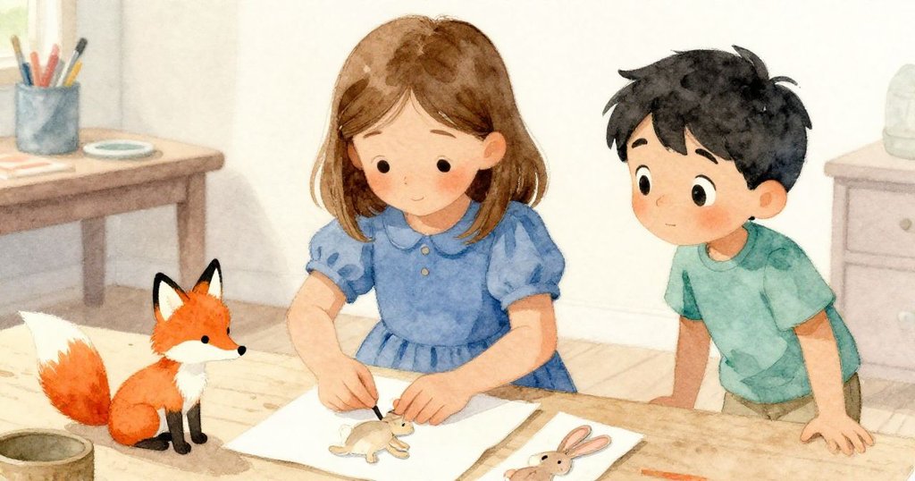 Vera專注擺放動物剪影時,Orson從幕後探出頭來,臉上帶著好奇微笑,房間溫馨充滿期待。