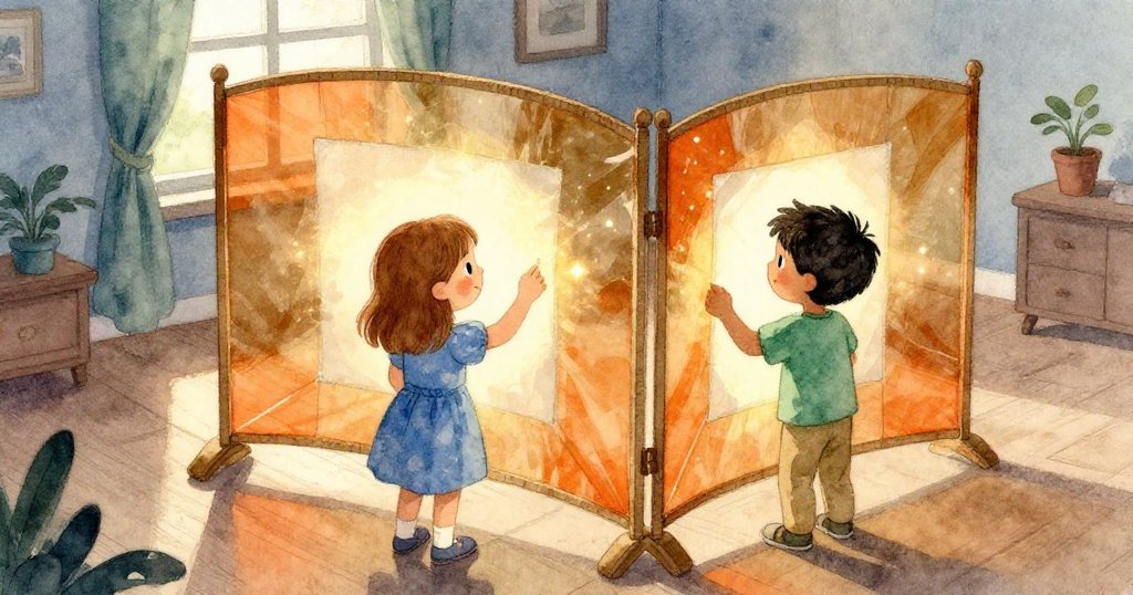 從上方俯瞰,Vera與Orson在充滿溫暖黃光的室內協作調整剪影裝置,環境精緻而充滿創意氣息。