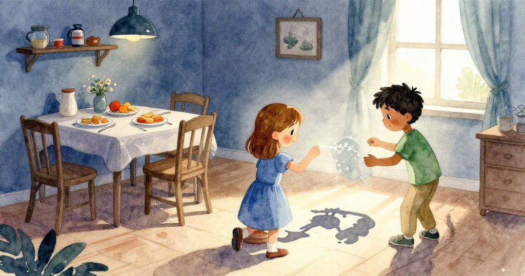 整個房間景象展現Vera與Orson在充滿創意的室內探險,小小身影在溫暖晨光下彌漫家庭氣息與想像力。