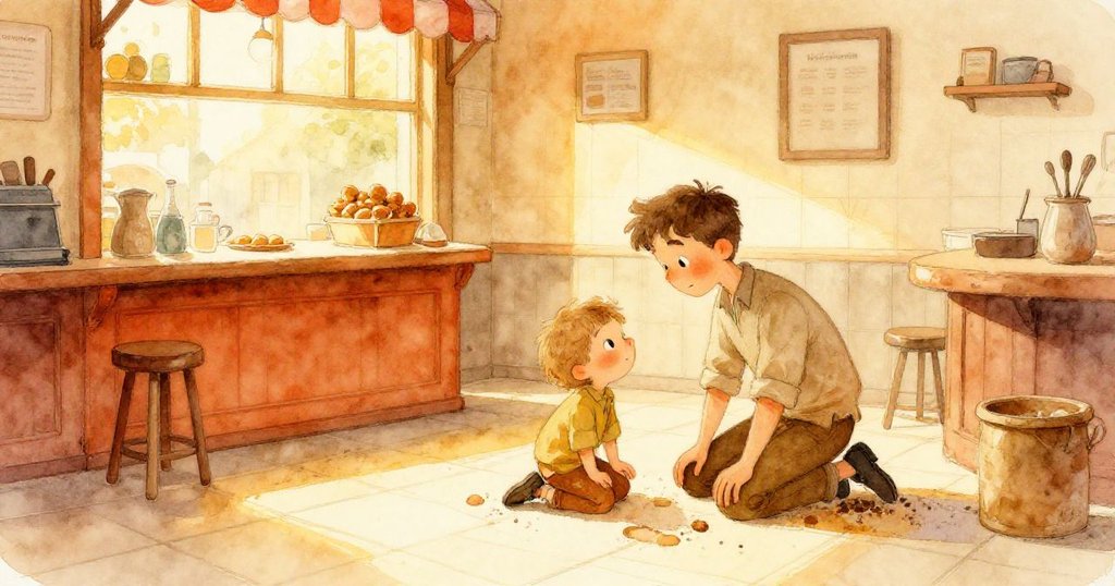 在溫暖的鞋修理店內，Luke趴下仔細檢查櫃檯後奶油色地磚上的塵跡，表情好奇兼略帶疑惑。