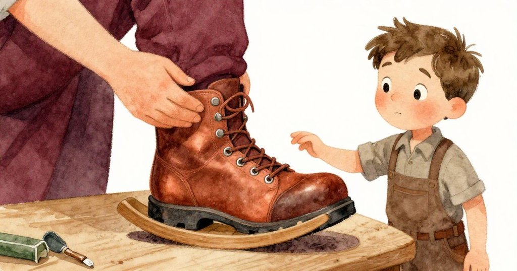 Luke在工作台上輕搖高筒登山靴，鏡頭聚焦於磨損鞋跟和散落的淡色粉末，手法細膩且專注。