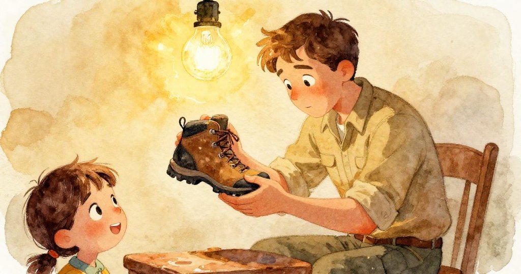 Luke在燈光映照下檢查登山靴細縫中的細粉，他的臉在燈泡中映出專注而好奇的神情。