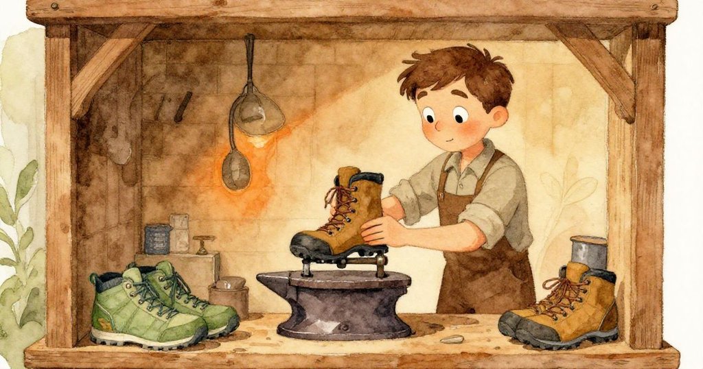 在小巧工作間中，Luke操作鐵質固鞋器擺放登山靴，變形的空間中綠色運動鞋被輕推形成奇特佈局，氛圍詭異。