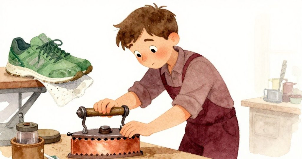 在溫暖工作間中，Luke調整固鞋器螺絲時，綠色運動鞋被帶有砂漿的布擦拭出痕跡，表情堅定且專注。