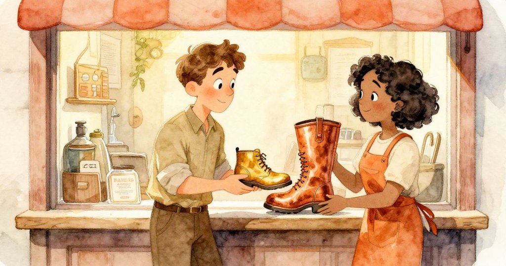 在明亮工坊中，Luke舉著修復好的靴子，Zara拭淨運動鞋，共同展現成功喜悅，溫暖陽光灑落在窗邊，氣氛和諧。