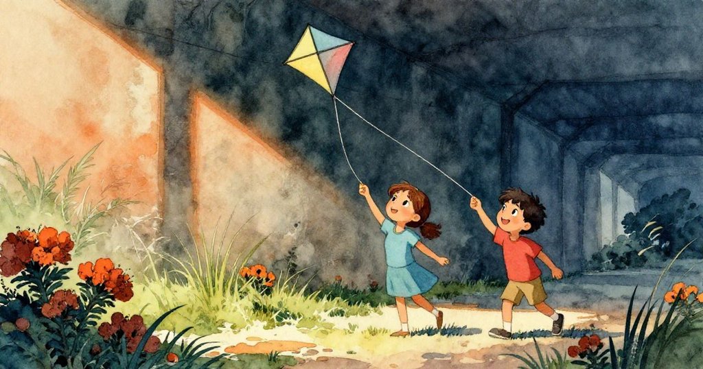 娜迪婭與諾蘭在微光中奔跑放風箏，風中草叢起伏，臉上充滿期待與興奮。