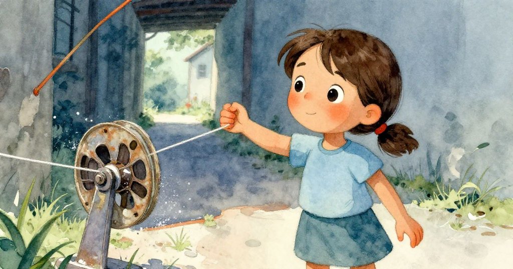 娜迪婭專注地轉動捲線器，手中握緊的線卷上附著草屑與粉狀痕跡，細節豐富。