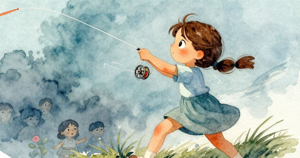 娜迪婭快速上風，傾斜著轉動捲線器，臉上透著堅毅與擔憂，風勢捲起草浪。