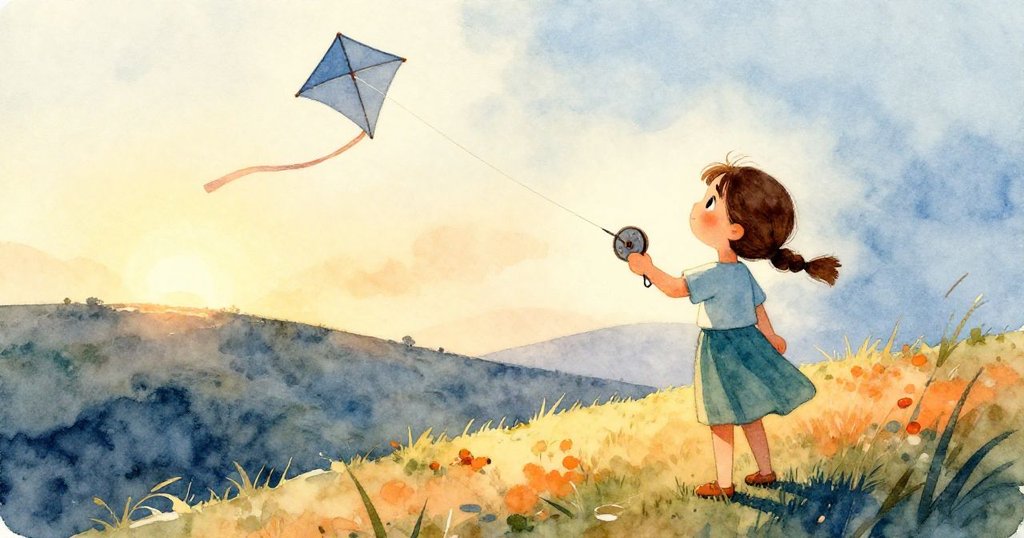 風平浪靜中，娜迪婭安詳地將捲線器貼在腰間，遠處風箏陰影優雅地在山坡上旋轉。