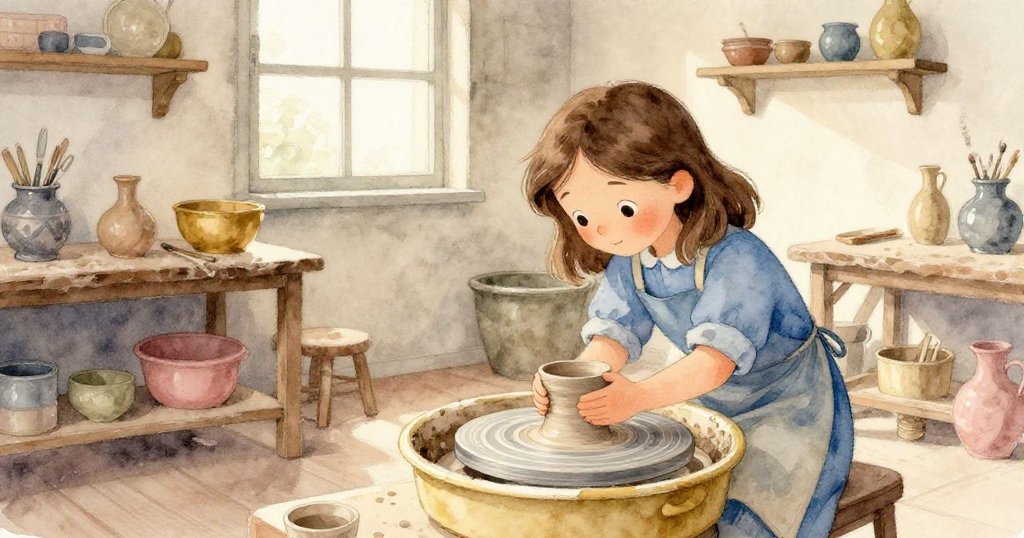 Maeve在溫暖工作室中站在陶藝輪旁,窗外銀光映照螺旋狀陶輪,充滿期待與專注,開始她的創作旅程。