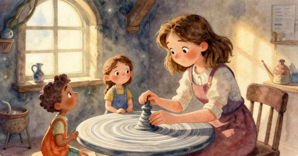 Maeve專心將濕潤黏土按壓,指尖輕拂滑動的水珠展現細膩質感,臉上充滿溫柔與決心。