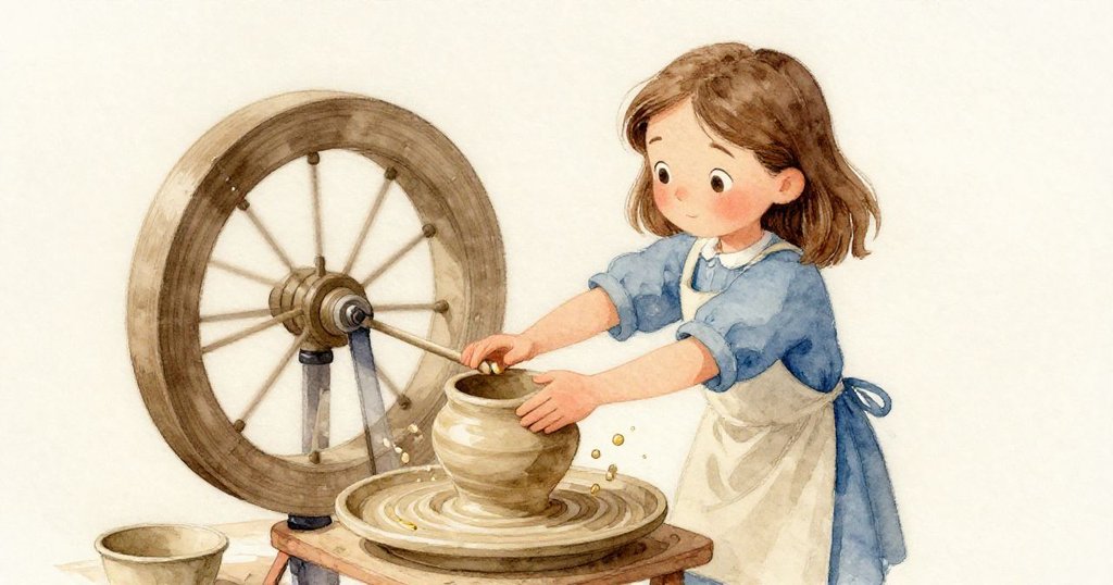 從傾斜角度看見Maeve調整偏移的黏土,陶輪中心輕微顫動,水珠灑落畫面動感十足。