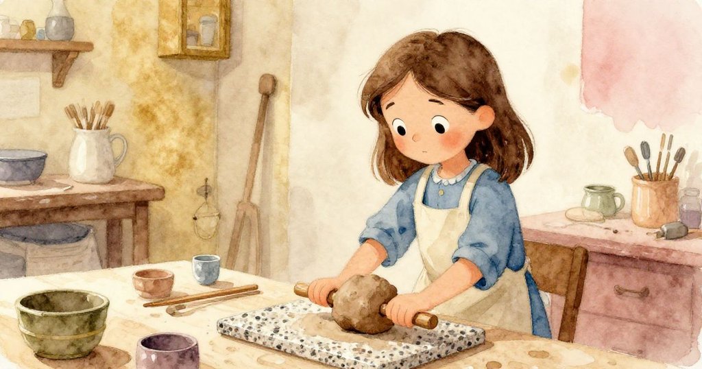 Maeve小心翼翼地運送不規則黏土塊至工作區,在閃爍光影的花崗岩板上進行細致調整,神情專注。