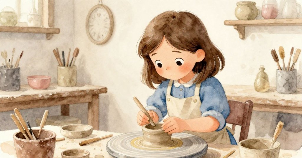 Maeve用木製工具精心塑形黏土,隨著手指努力形成環形紋路,臉上洋溢著懸念與決心。