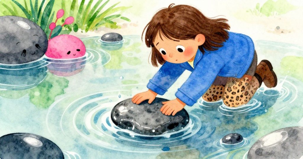 Cleo用手套輕推光滑石板入水，水流捲起細微霧氣，象徵著進展與希望，情感細膩。